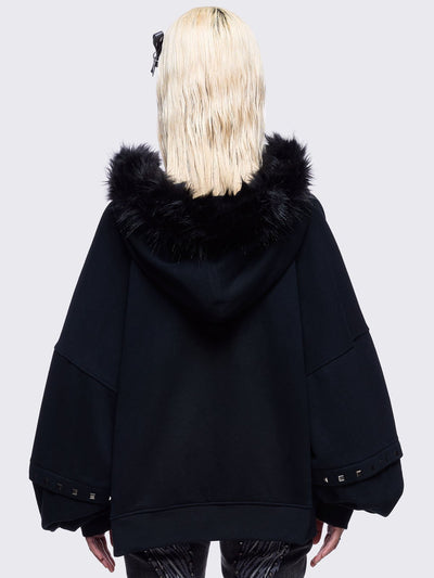 Black zip up hoodie jacket with faux fur hood with silver studded cross.