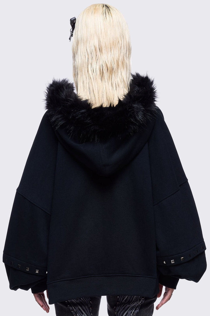 Oversized Zip Up Furry Hoodie with Studded Cross | Minga London