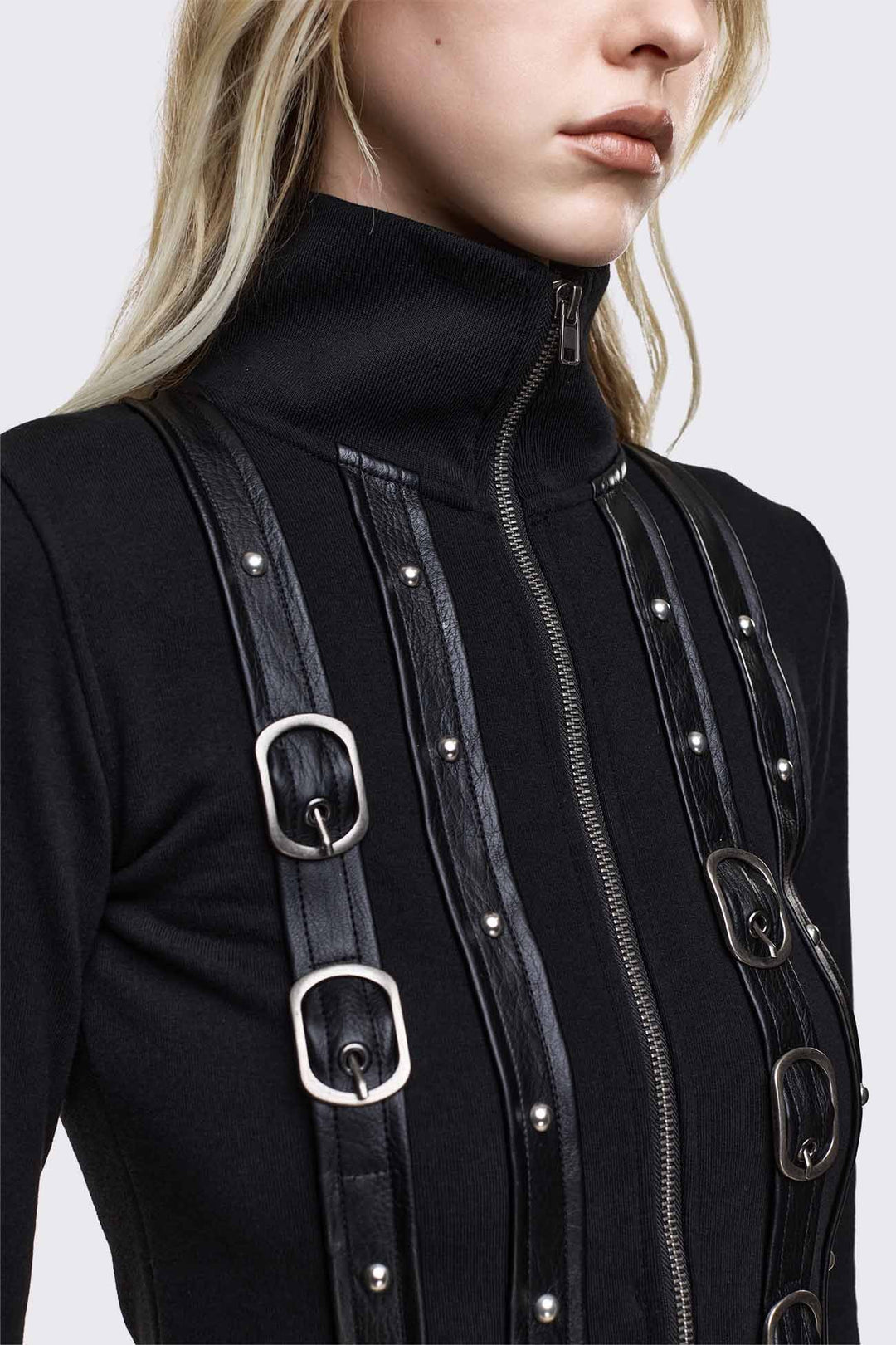 Black Buckle Strap Cropped Zip Up Cardigan | Minga London