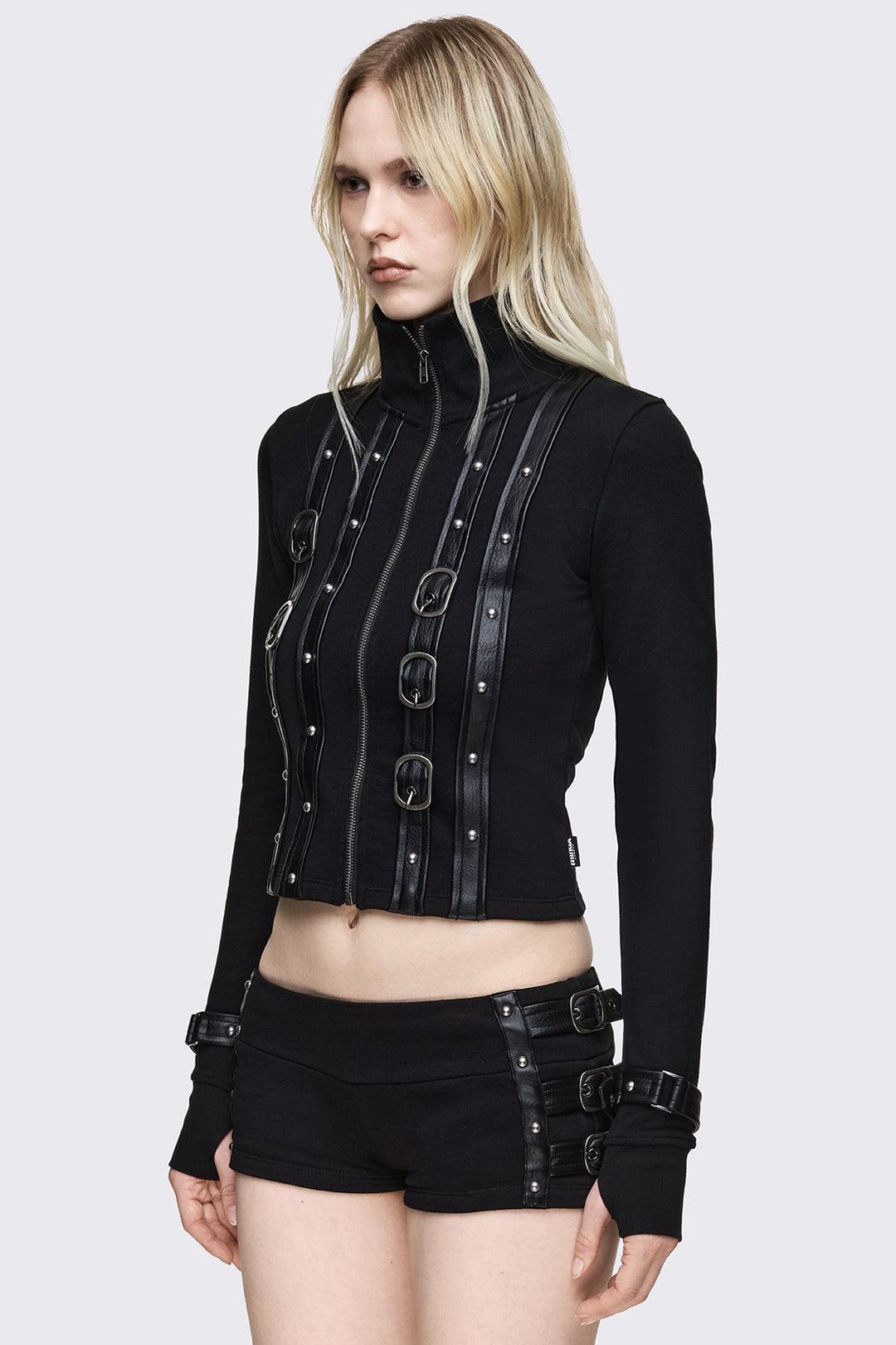 Black Buckle Strap Cropped Zip Up Cardigan | Minga London