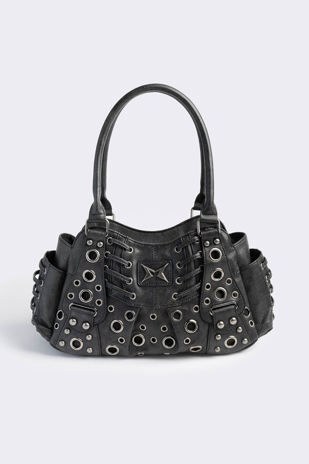 Black vegan leather shoulder bag with silver eyelets and multiple pockets