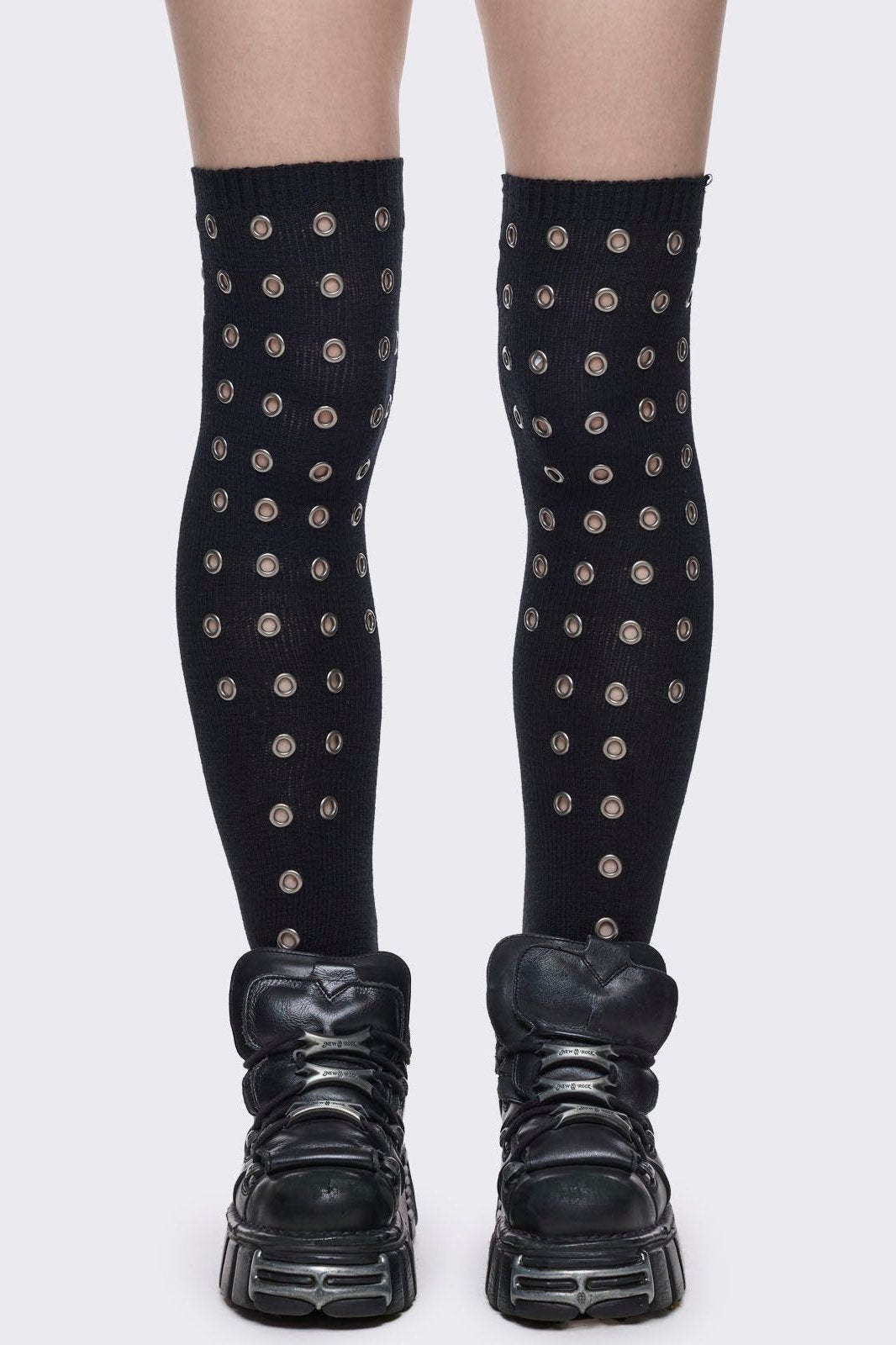 Black opaque thigh highs socks with all over silver eyelets. 