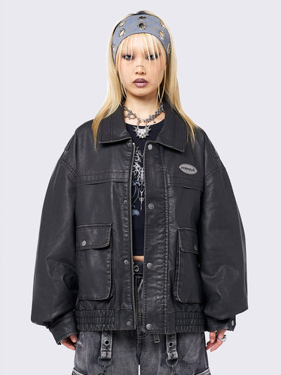 Black washed faux leather bomber jacket featuring a boxy oversize fit.