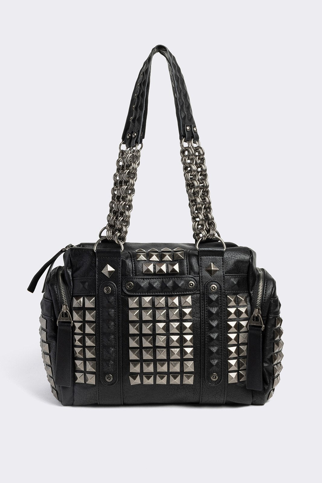 Black vegan leather shoulder bag with silver studs and two handles.