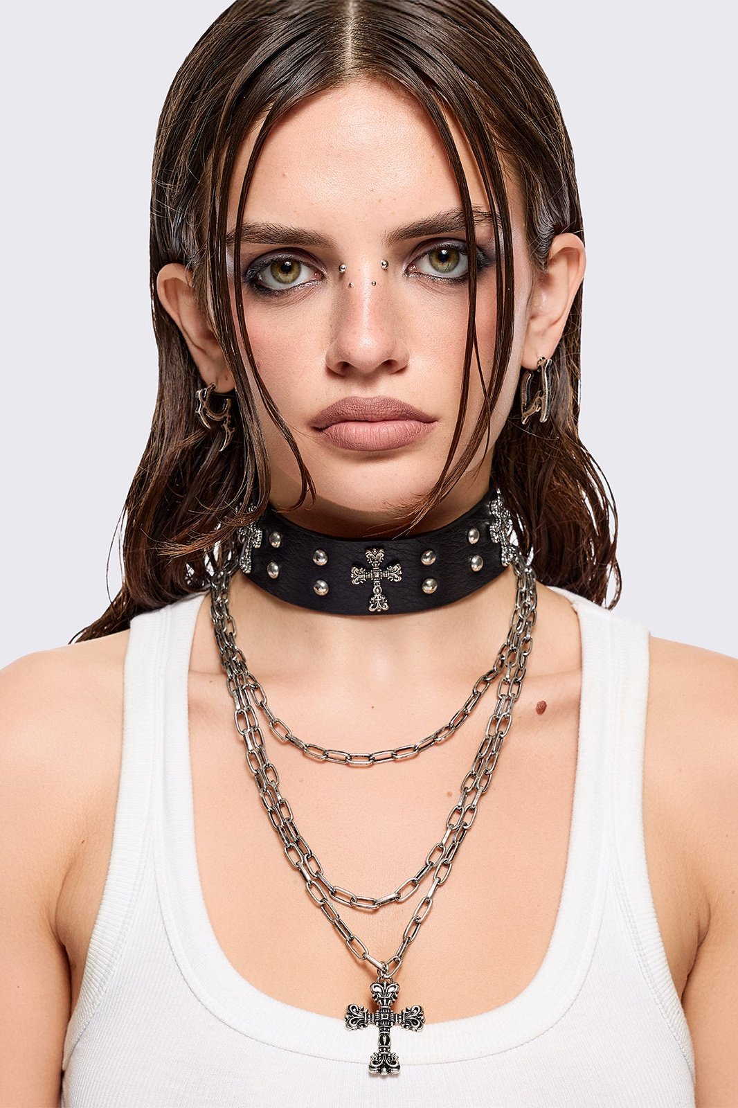 Chunky Silver Chain & Faux Leather Choker Set | Minga London