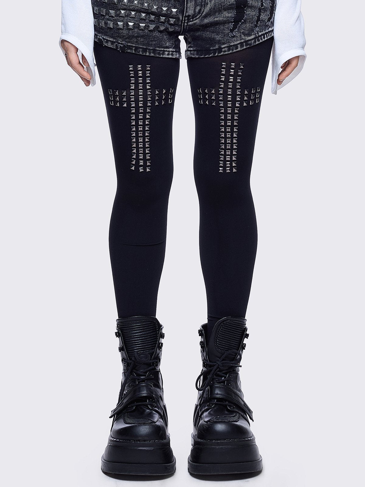 lack opaque tights with studded crosses print