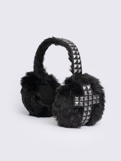 Black faux fur earmuffs with silver studded cross