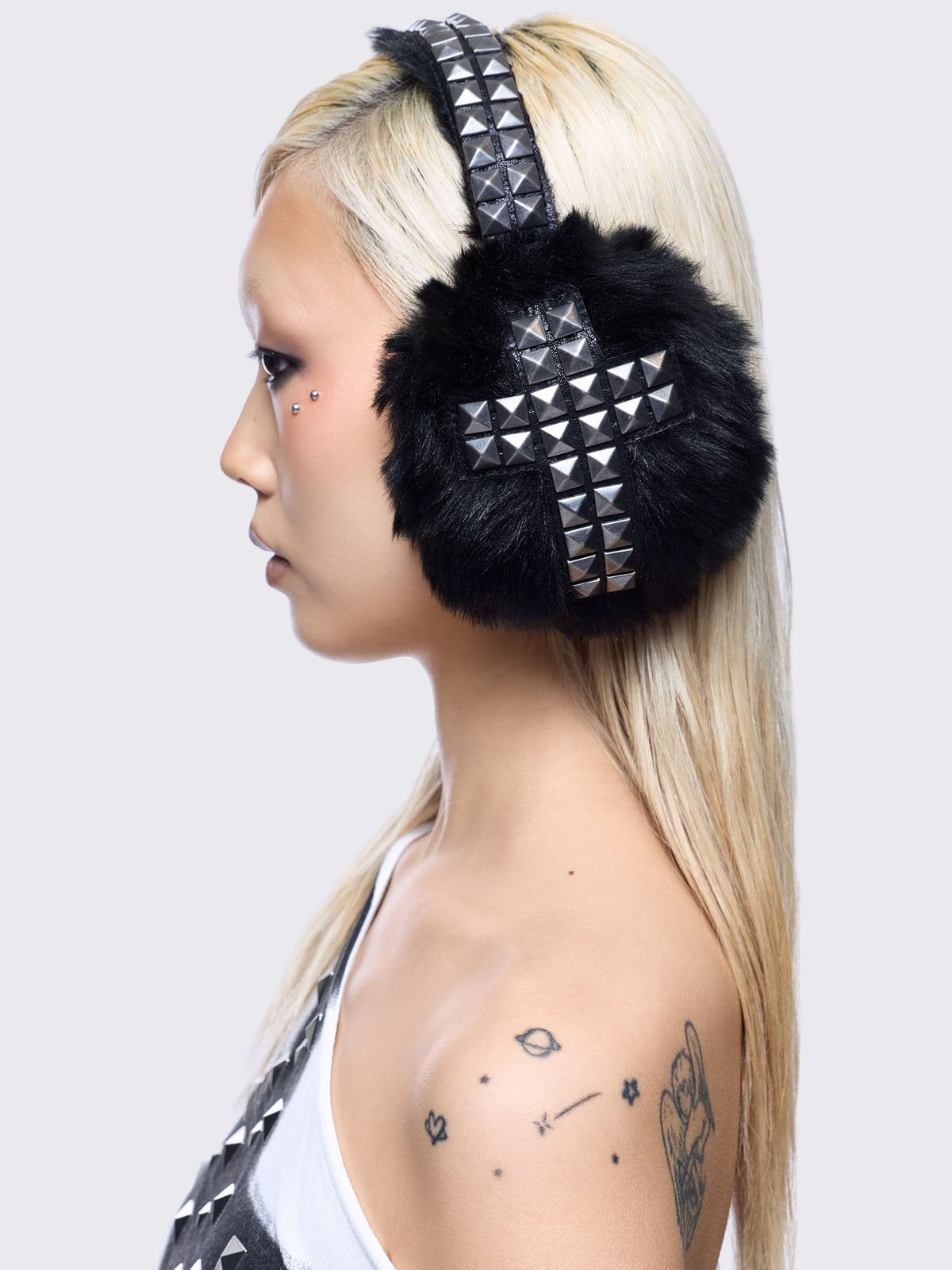 Black faux fur earmuffs with silver studded cross