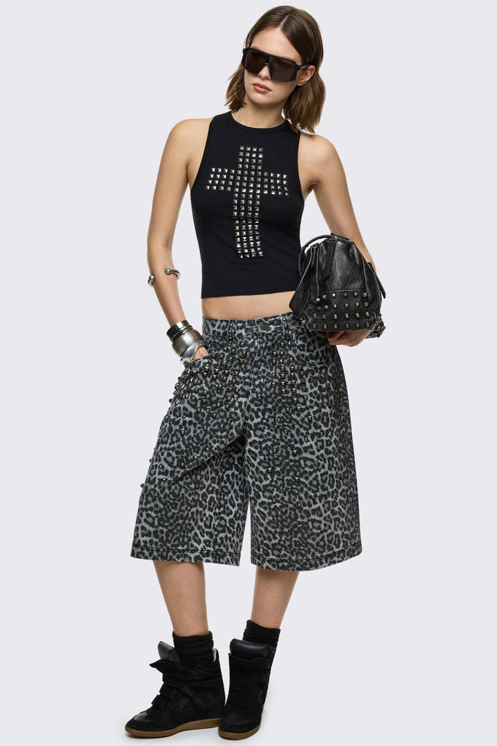 Black Studded Cross Tank Top with Open Slashed Back | Minga London