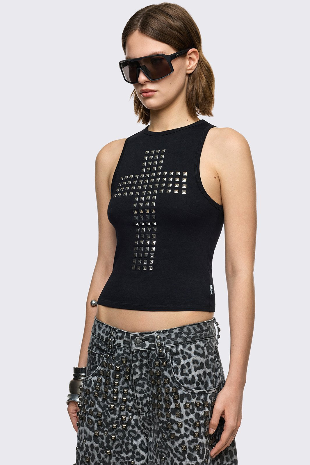 トップス salvation Y16AsymmetricDrapedTank Black Studded Cross Tank Top with Open Slashed Back | Minga London