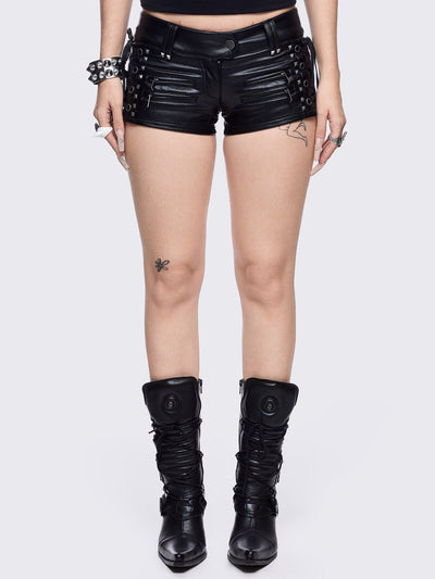 Black vegan leather hot pants with lace-ups and silver stud details