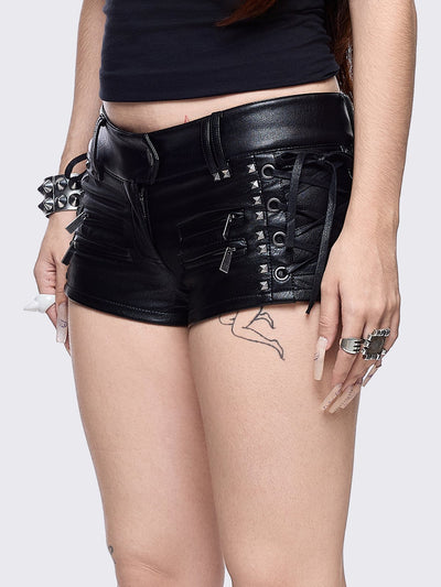 Black vegan leather hot pants with lace-ups and silver stud details