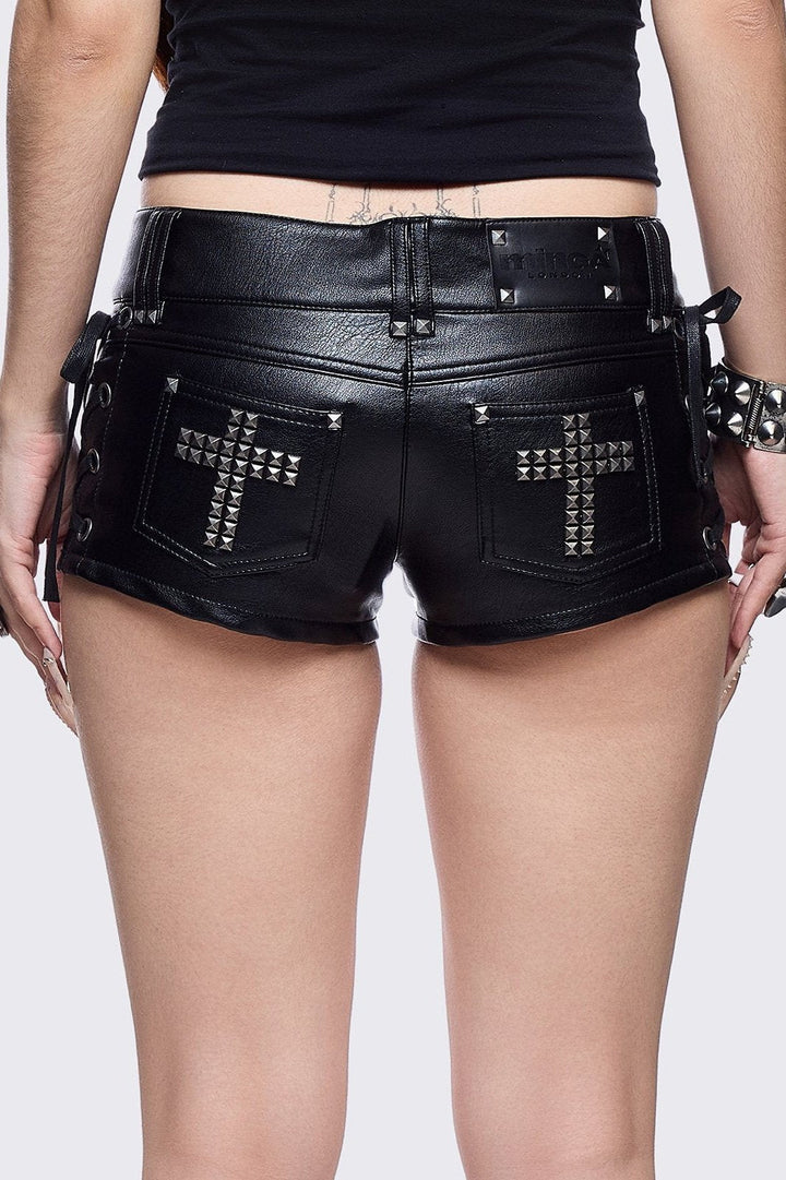 MINGA London レザーショートパンツ Black Vegan Leather Hot Pants with Lace-Up and Studded Cross