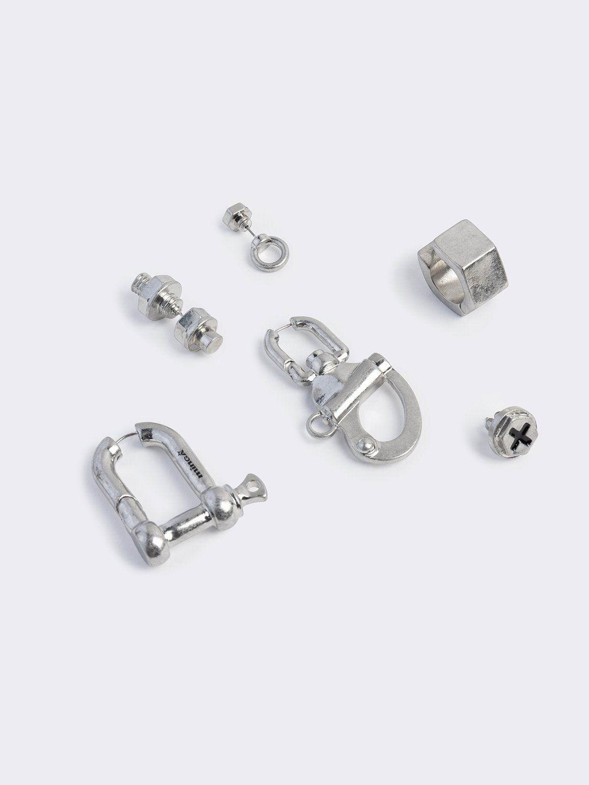 Silver 6pc earring set with nut, bolt and more hardware designs
