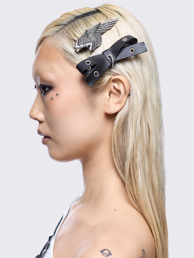 Set of 4 hair clips: Wings, eyelet bow and angel cross