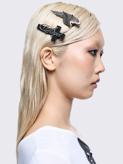 Set of 4 hair clips: Wings, eyelet bow and angel cross