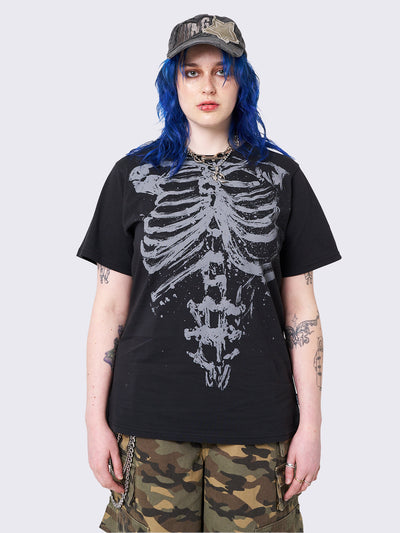 Black Oversized Graphic T-shirt with Skeleton Print