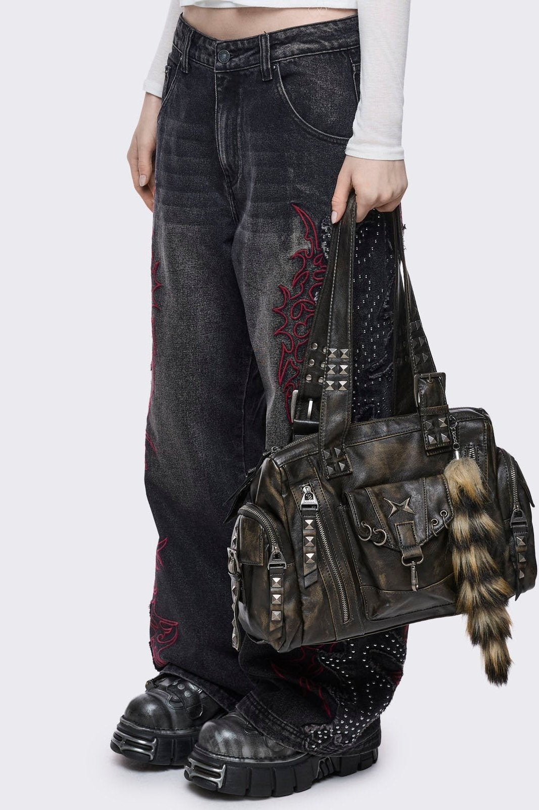 MINGA LONDON バック Black Vegan Shoulder Bag with Studded Cross, Spiked Chains