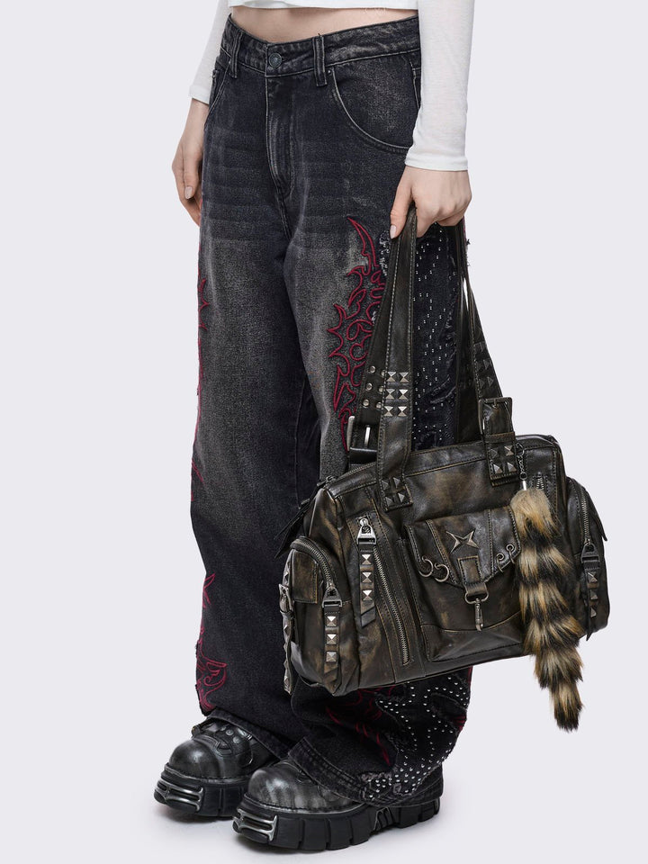 Black Vegan Leather Multi Pocket Shoulder Bag | Minga London