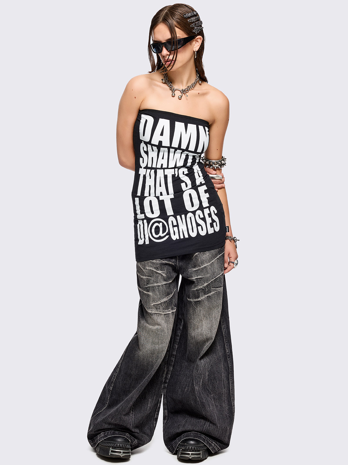 Black bandeau tube mini dress with "Damn shawty that's a lot of diagnoses" graphic front print and a slim fit.