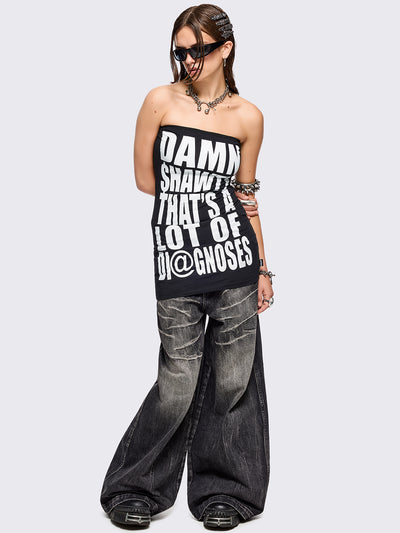 Black bandeau tube mini dress with "Damn shawty that's a lot of diagnoses" graphic front print and a slim fit.