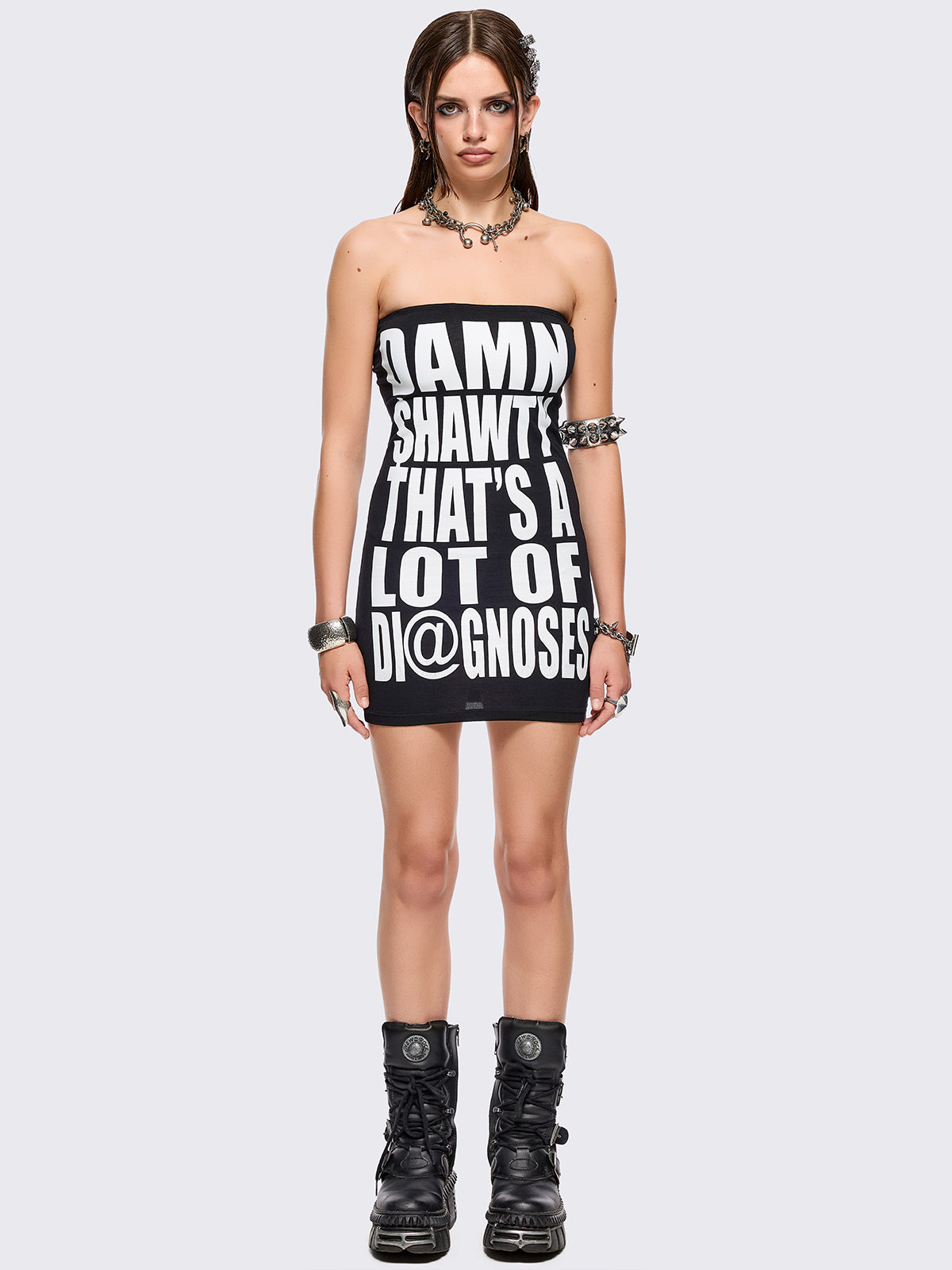 Black bandeau tube mini dress with "Damn shawty that's a lot of diagnoses" graphic front print and a slim fit.
