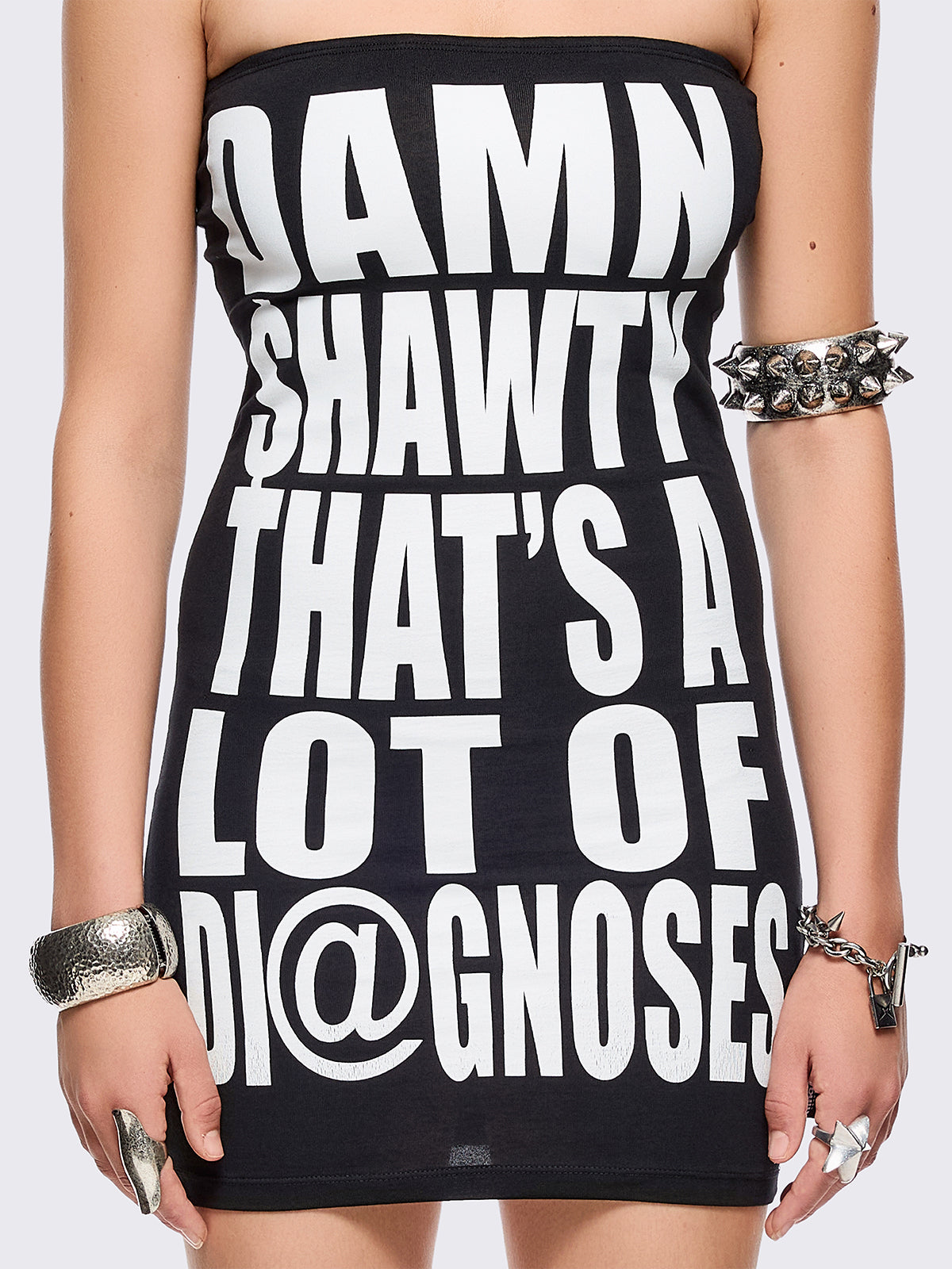Black bandeau tube mini dress with "Damn shawty that's a lot of diagnoses" graphic front print and a slim fit.