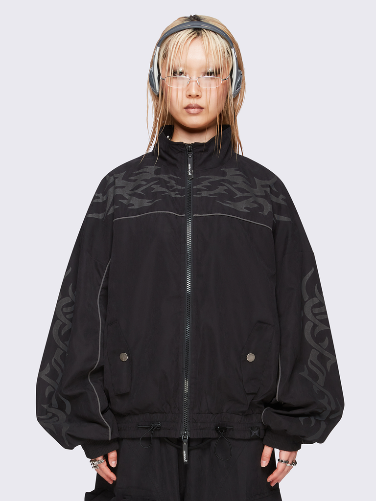 ジャケット・アウター OVERSIZED WINDBREAKER JACKET Black Windbreaker Jacket with Tribal Sigilism Print | Minga London