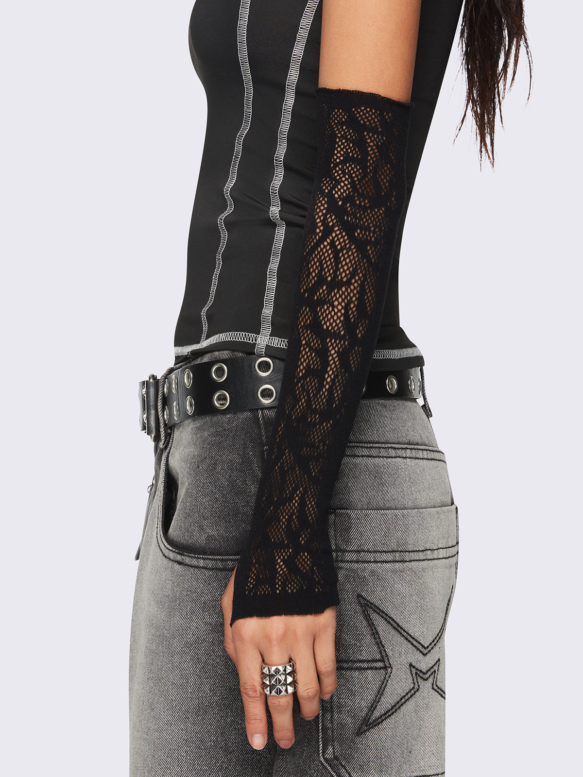 Black fishnet sigilism arm warmers.