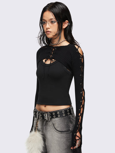 Black lace up shrug. Bolero style and soft rib-knit. 