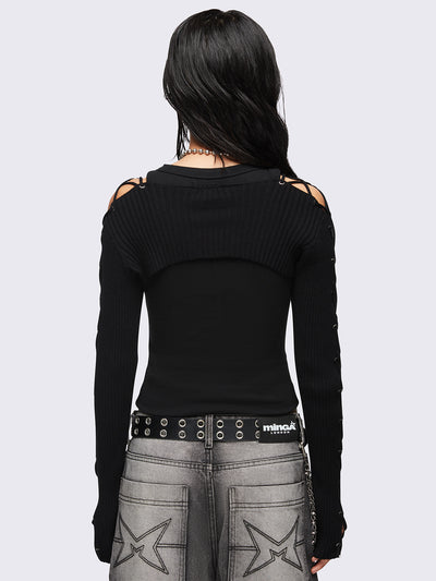 Black lace up shrug. Bolero style and soft rib-knit. 