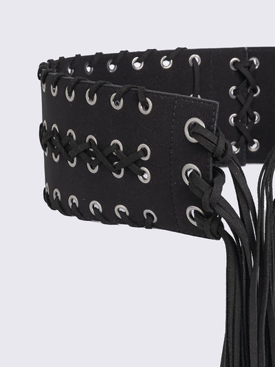 Black faux leather wide belt with silver eyelet, lace-up details and long tassel fringe