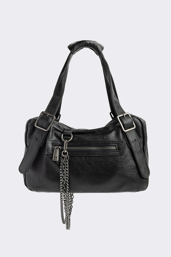 Black Vegan Shoulder Bag with Buckle and Zip Pockets | Minga