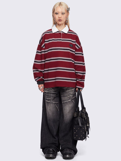 Striped oversized rugby polo in burgundy