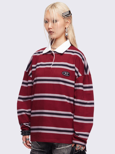 Striped oversized rugby polo in burgundy