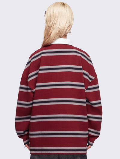 Striped oversized rugby polo in burgundy