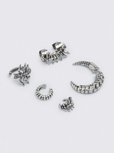 Silver 5 pc chunky earring set with centipede and spine designs. Chunky ear cuffs style.