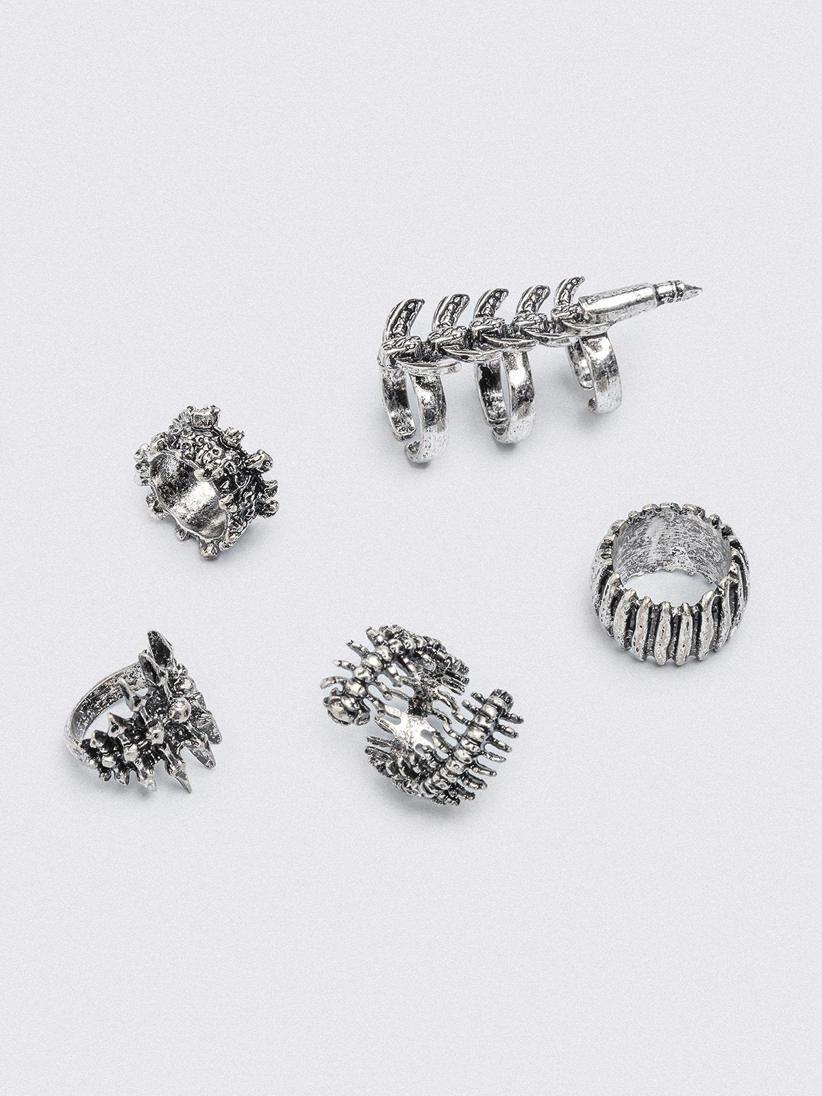 Set of 5 silver rings with centipede, spine and spike designs. 