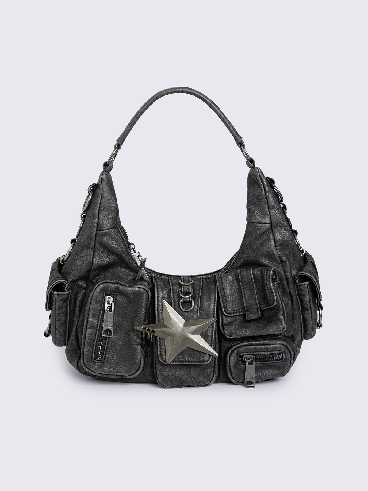 Black washed faux leather shoulder bag with silver star clasp, hardware details and multiple pockets.