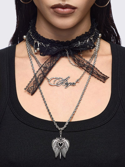 Set of 3 necklaces, black lace bow choker with piercings and chain  and "Angel" tag and winged heart pendants.