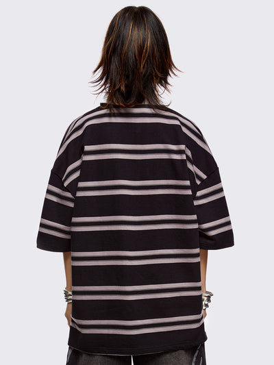 Black and grey striped rugby polo with white spread collar and a oversized fit.