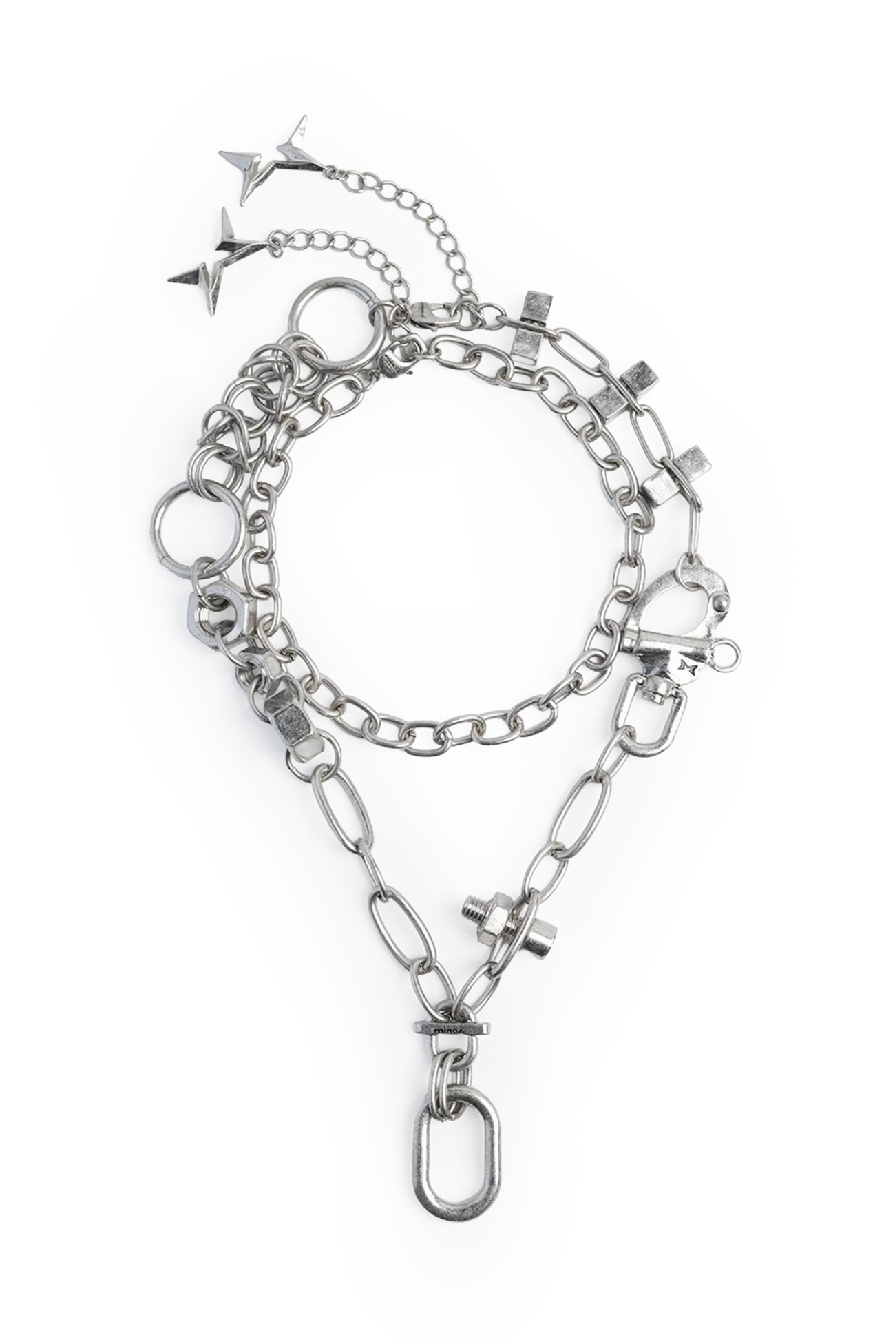 Silver iron and zinc necklace set with chain, nut and bolt hardware details in an oxidized grunge style.