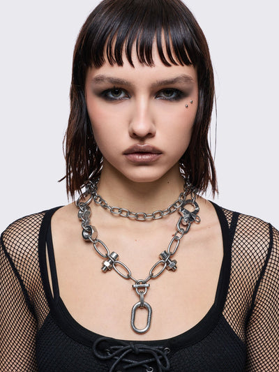 Set of 2 silver necklaces with nuts, bolts and more hardware details