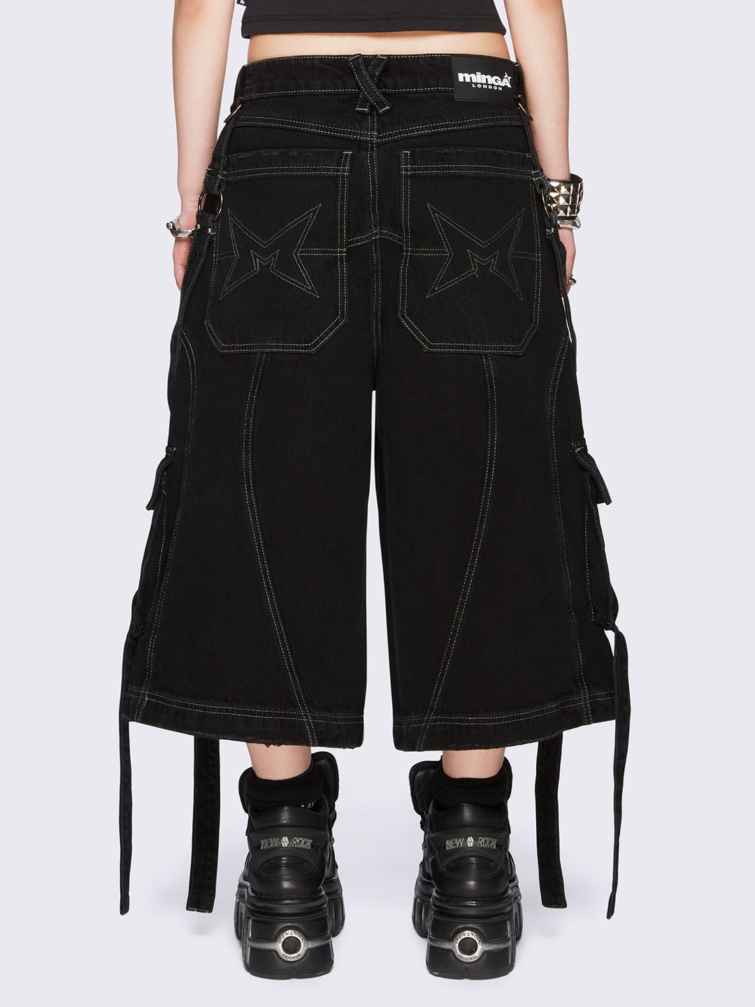 Black Washed Utility Cargo Jorts with Straps & Metal Details