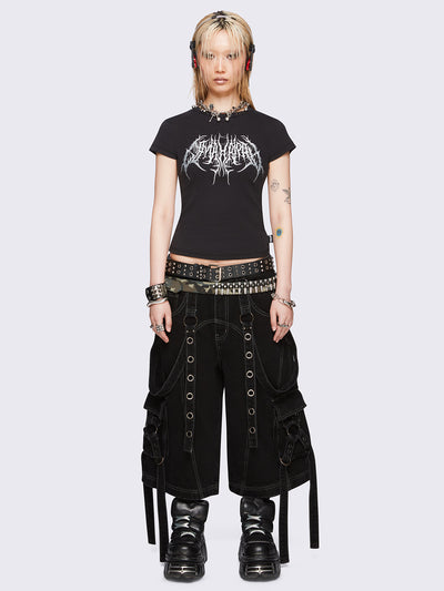 Black washed cargo jorts with multiple utility pockets, contrast white stitching, straps and metal hardware details.