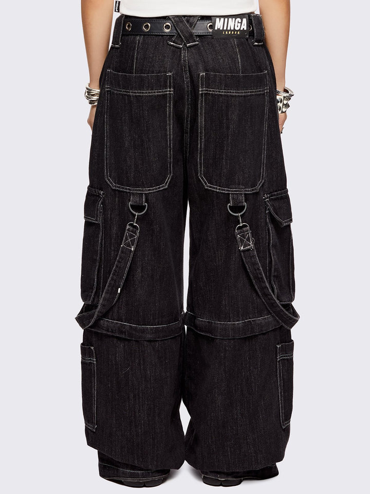 Y2K Black Multi-Pocket Wide Leg Cargo Jeans with D-Ring Straps