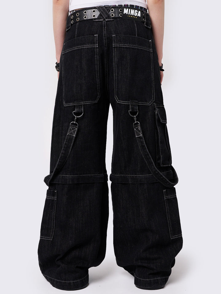 【Minga London】Trek ワイドレッグ カーゴ ジーンズ 関税送料込 Y2K Black Multi-Pocket Wide Leg Cargo Jeans with D-Ring