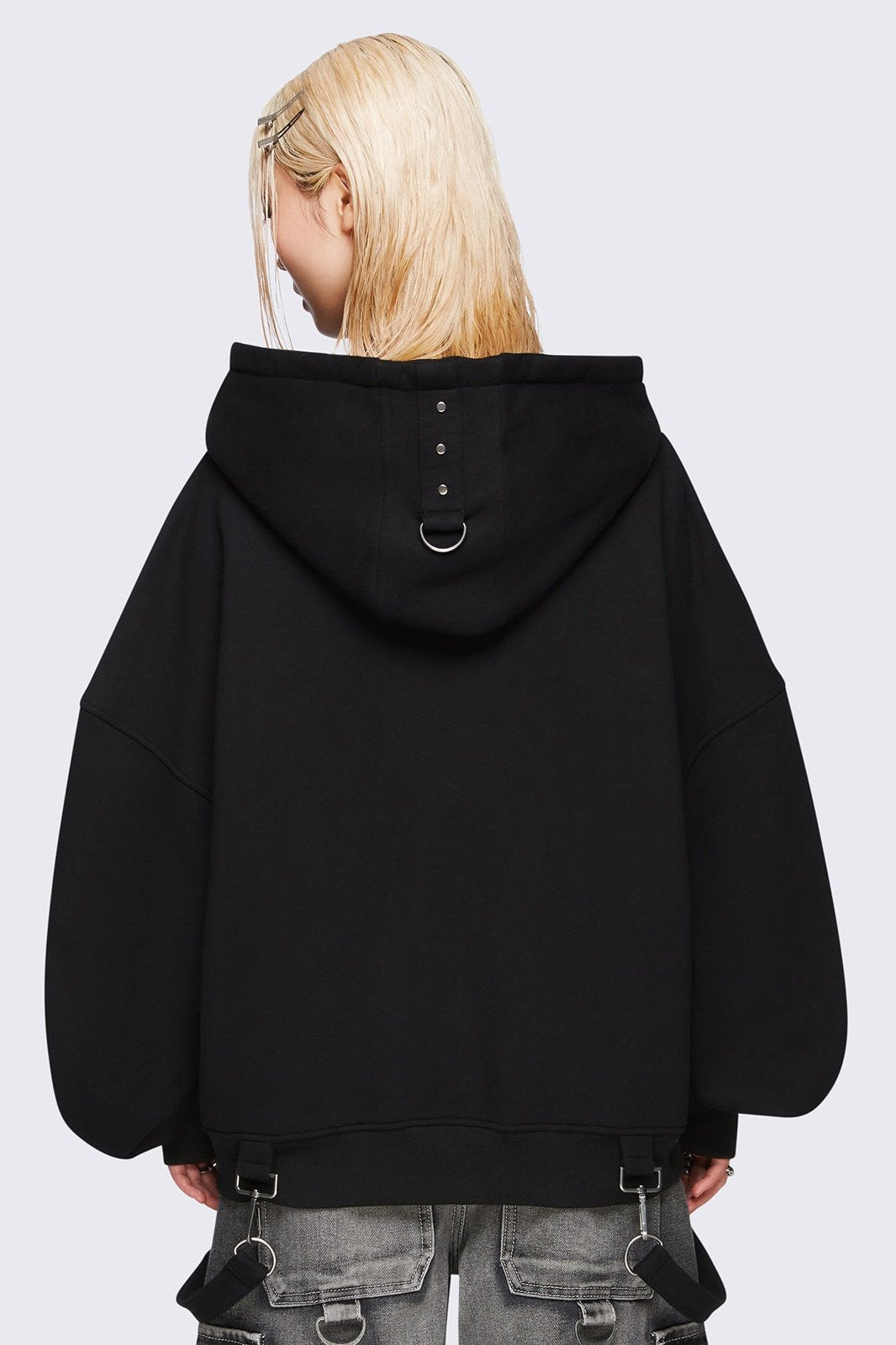 Black Oversized Zip-Up Hoodie with Straps & Metal Details | Minga