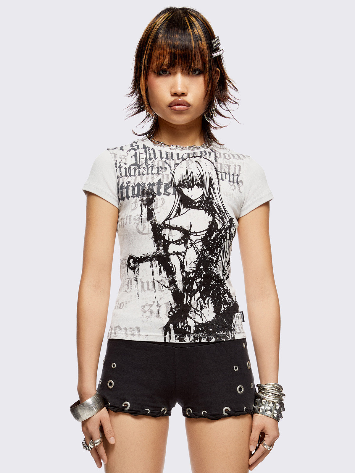 Off-white graphic baby tee with dark goth girl fantasy graphic print.
