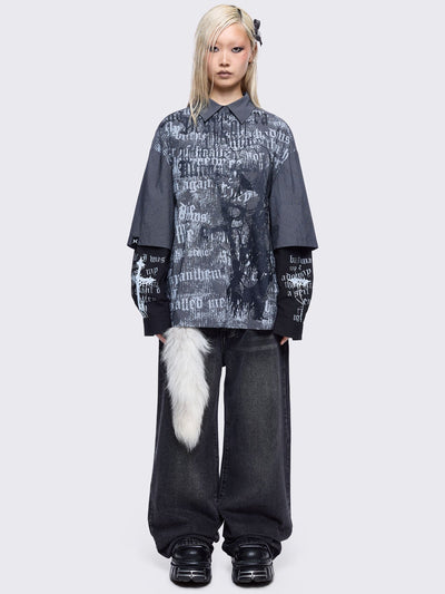 Two-piece gothic shirt ensemble featuring a pinstriped outer layer with a distressed text print, over black long sleeves detailed with white gothic text and imagery.